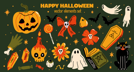 Halloween themed vector sticker elements set. Collection of cute groovy funky witchy aesthetic cartoon illustration of spooky magical witchcraft objects, pumpkin, skull, book of spells, gothic flowers