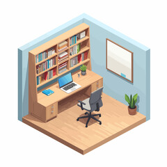 Clean isometric study room 3D illustration with desk and books. Great for learning, reading, education, and modern minimalist visuals.