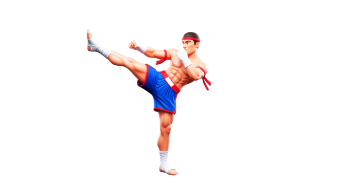 3d muay thai fighter dynamic kick,unstoppable power, athleticism in motion, isolated on transparent background
