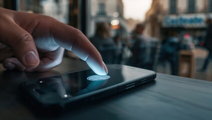 Close-up finger unlocking phone with fingerprint sensor against blurred city cafe