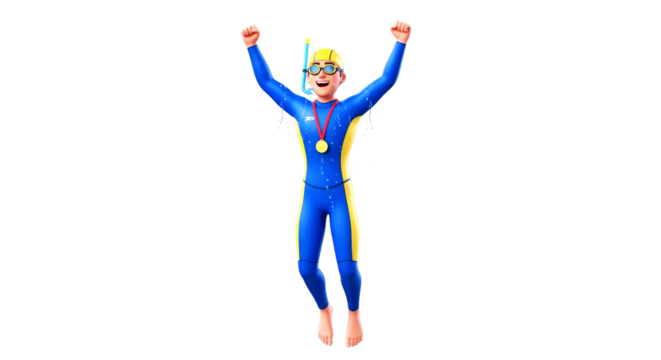 champion swimmer a 3d cartoon model of joyful victory celebration, isolated on transparent background - Powered by Adobe