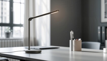 Minimalist desk lamp rests quietly on serene workspace bathed in daylight