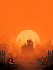 A graveyard amidst abandoned houses is decorated with pumpkins on the side of the road and a large moon, highlighted in orange tones in a Halloween theme.