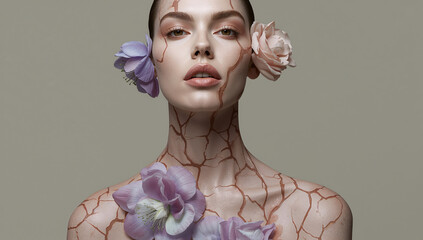Avant-garde woman transforms with floral cracks blooming delicately against muted background