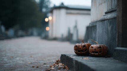 Two grinning jack-o'-lanterns rest on a misty path for a ghostly All Hallows' Eve gathering