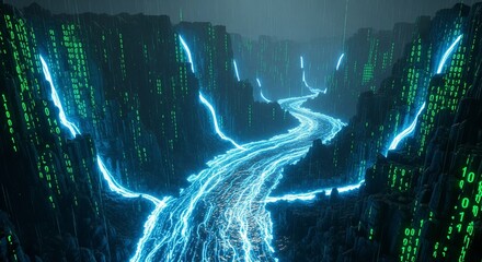 Matrix Blue Digital River Flowing Through Neon Canyon