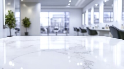 Empty marble table in blurred modern salon interior