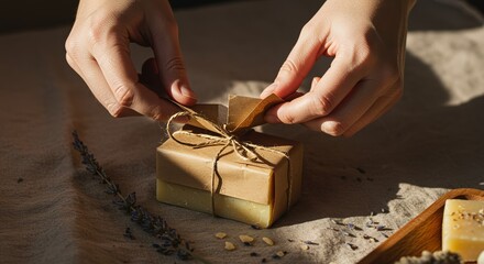 Female hands unwrapping an artisanal soap bar in recycled kraft paper packaging. Eco-friendly natural skincare and zero waste concept.