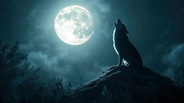 Lone wolf on hill howling at full moon night