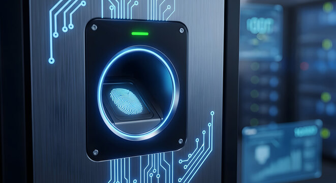 Biometric fingerprint scanner security device with digital network server background