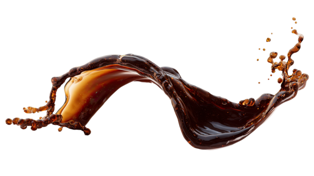 Dark brown liquid splash, a dynamic arc against black