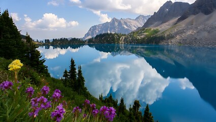 Alpine lake with mountain reflections and wildflowers in a stunning landscape