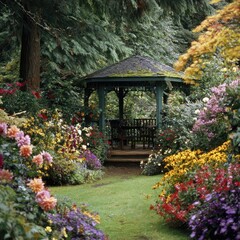 A vibrant garden gazebo surrounded by a profusion of colorful flowers and lush greenery, creating a tranquil and inviting atmosphere.