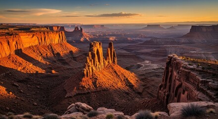 Canyonlands National Park landscape at sunset, featuring towering rock formations illuminated by golden light against a hazy horizon.