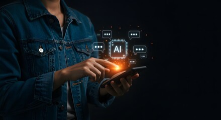 AI Technology Interaction: Person Using Smartphone with Futuristic Interface and Chat Bubbles