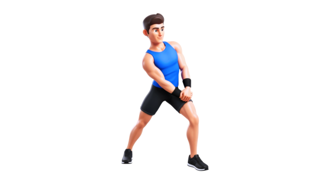 3d cartoon athlete preworkout stretching, focused determination, powerful pose, isolated on transparent background