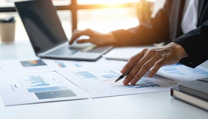 Close-up of hands calculating financial graphs and charts on a desk with laptop