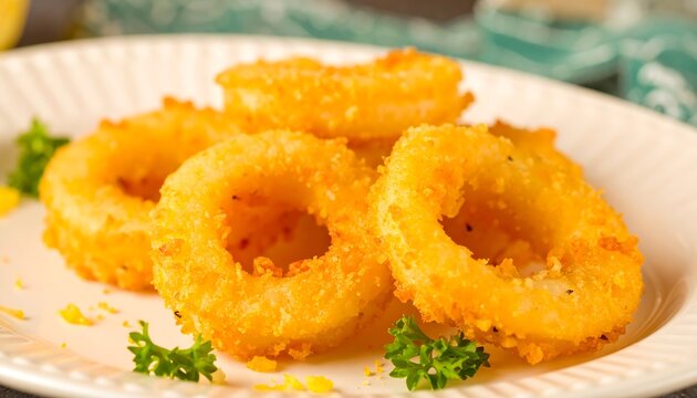 Golden, crispy fried calamari rings are artfully arranged on a white plate.