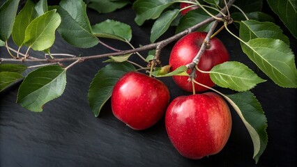 red apples on branch with green leaves on dark