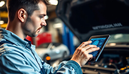 mechanic using tablet to diagnose vehicles issues in workshop