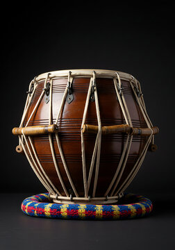 Close-up of a tabla drum on a colorful cushion against a dark background.
