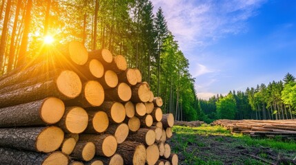 Stack of logs in forest sunlight