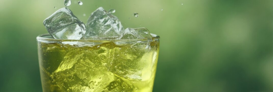 Chilled verdant elixir sparkles with dancing ice, channeling summer solstice vibes and Japanese Green Tea Day serenity