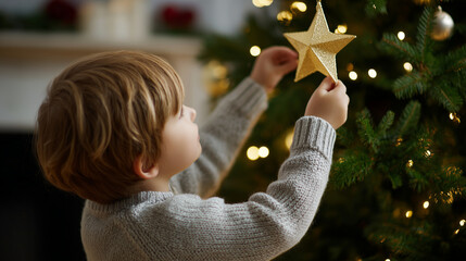 Child hanging a star ornament at the top of the Christmas tree, cinematic golden glow.