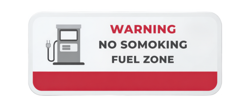 A warning sign indicating a no smoking policy in a fuel zone, featuring a fuel pump icon and clear text instructions.