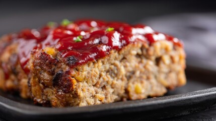 Juicy meatloaf slice, glistening ketchup glaze, evokes nostalgia of comforting Sunday suppers, perfect for Homestyle Cooking Day celebrations