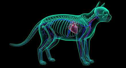 Cat anatomy x-ray showing bones, heart, and blood vessels.