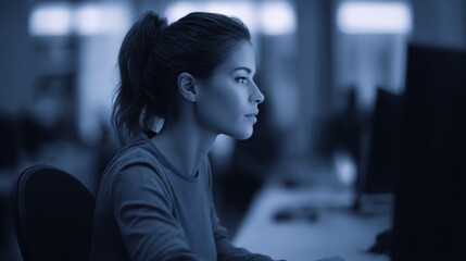 A focused Caucasian woman engrossed in coding under twilight hues, evoking National Computer Science Education Week mystique