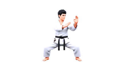 3d cartoon karate master focused energy, poised stance, martial arts animation, isolated on transparent background