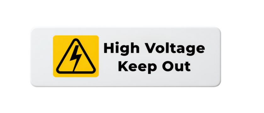 A safety sign indicating "High Voltage Keep Out" with a caution symbol, warning against electrical hazards.