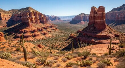 Scenic view of a desert landscape featuring red rock formations, cacti, and sparse vegetation under a clear blue sky.