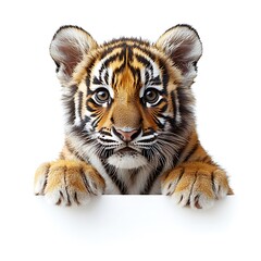 Fototapeta premium Adorable Tiger Cub Peeking Over photo White Surface With Paws baby tiger animal