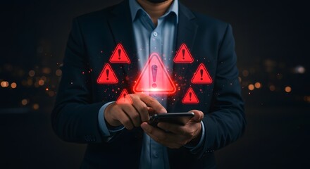 Businessman Using Smartphone with Digital Red Warning Signs Overlay
