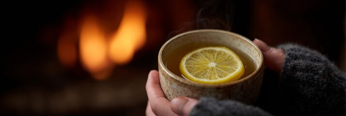 Cozy woolen-clad hands cradle steaming lemon tea by the hearth, embracing hygge warmth and Sinterklaas glow