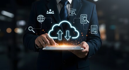 Businessman using tablet with cloud computing icons and data analysis