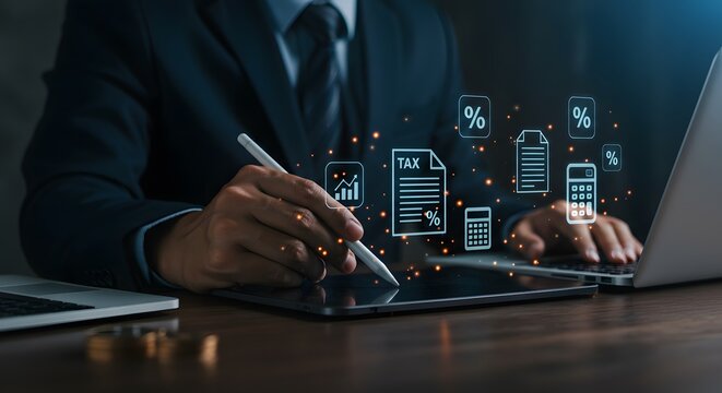 Businessman using tablet and laptop with digital financial icons for accounting and tax management