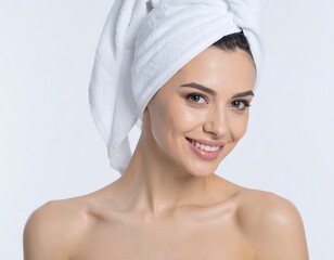 A radiant woman, her skin gleaming with health, smiles serenely, a white towel wrapped gracefully around her head.