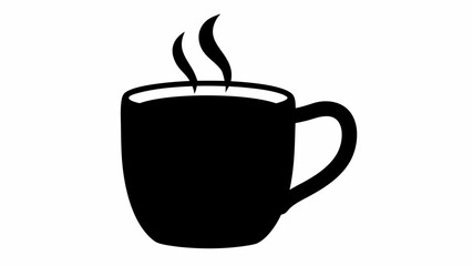 Illustration of a black mug with steam rising from it against a white background in a simple vector style