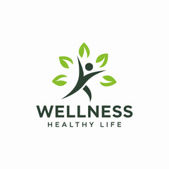 Wellness and Healthy Life Logo with Human and Leaves