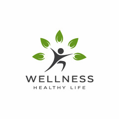 Wellness and Healthy Life Logo with Human Figure and Leaves
