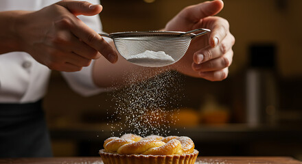 Pastry chef sifting powdered sugar onto a tart.