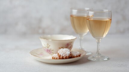 Elegant vintage tea set with sugared cookies and golden wine glasses exuding Victorian charm, perfect for Afternoon Tea Week