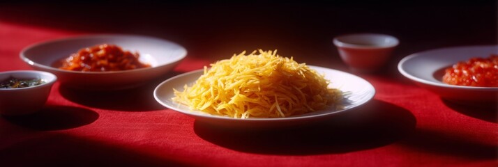 Golden shredded papaya glows under crimson sunlight, evoking Thai Songkran festivities and tantalizing culinary adventures in flavor fusion