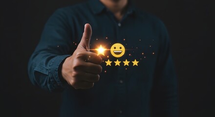 Customer Satisfaction Thumbs Up with Five Star Rating and Happy Face
