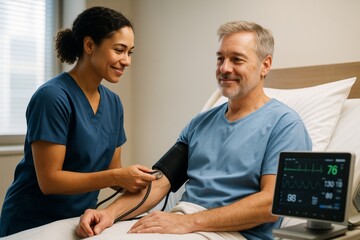 Obraz premium Smiling nurse measuring blood pressure of male patient in hospital bed with medical monitor in clinical background setting during checkup procedure. Ai generative