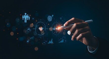 Digital Business Strategy: Hand Using Stylus on Futuristic Interface with Icons